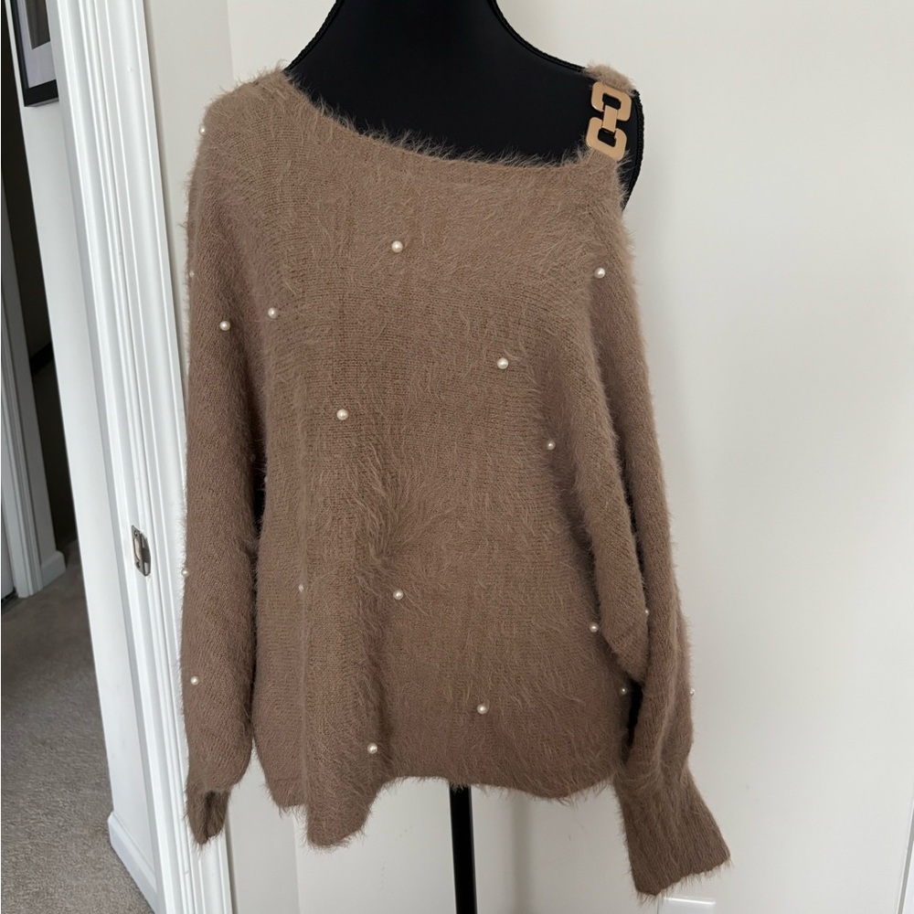 SHEIN Brown Off-Shoulder Fuzzy Sweater with Pearl Accents